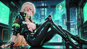 Neon Rain Night! Blonde Agent in Wet Leather Crouching Low, Holographic Glow &amp; Cold Glances.