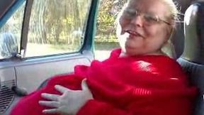 Filthy BBW grandma of my wife shows off her flabby juggs in car
