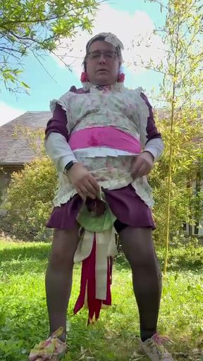 In gardener's clothes, peeing on it and also taking a piss shower