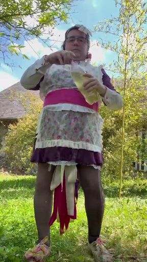 In gardener's clothes, peeing on it and also taking a piss shower