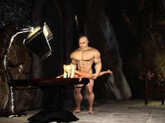 Big hercules plays with a young blonde in the dungeon