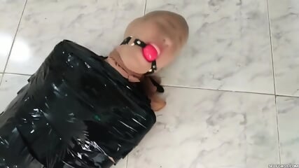 Tape Mummified Girl Pantyhose Hooded And Ball Gagged