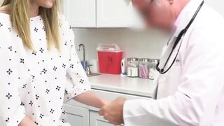 Shy petite girl Kyler Quinn feels a bit strange while her older doctor touches her yu