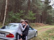 Twink gives a blowjob step bro 24cm big cock outdoor by car