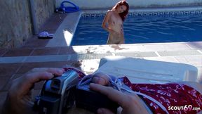 Redhead skinny teen Justine fucked in the ass by stepdad while being filmed