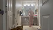Plugged Tboy cleans bathroom