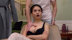 Skinny beauty with big titties deep throats trainer's big uncut cock in POV