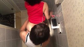 Japanese bitch gives a blowjob to a stranger in the toilet and fucks him doggy style!