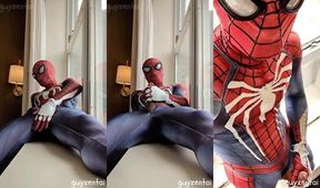 Exhibitionist Spiderman gushes cum from hotel window while strangers watch