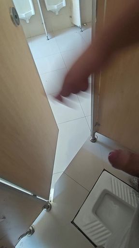 Public Toilet Door Open Masturbation - Risky Cumshot Outside