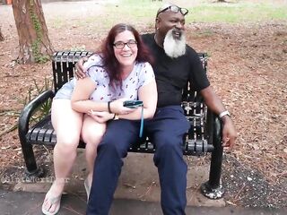 Nerdy MILF strokes and suck blk rod in the Park