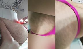 Straight guy sucks his own dildo in thong while playing with his big cock