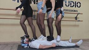 Educational trampling #11 (Full): 4 girls merciless trampling – strong guy weakening under fierce feet