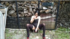 Stepmom is stretching her tight little cunt outdoor in sexi lingeri