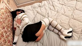 ADM05-Asian female college student experiences rope bondage and extreme bondage, wearing white stockings and white high heels.