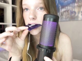 SFW!BDSM ASMR LICKING + Condom , feet, smacking (girl with freckles)