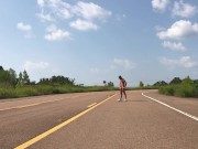 Naked exhibitionists get out of truck naked and pisses in middle of highway