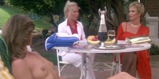 Rich retro lesbians hotly lick and finger hairy cunts in the pool
