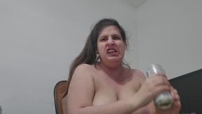 Curvy Latina drinking on video call suddenly can’t laughing about you