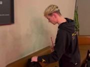 Two guys fuck and kiss in a public toilet in a cafe