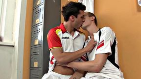In the locker room, young Troy Vara and Andy Fisher start kissing passionately. Troy takes off Andy's socks and starts sucking his toes and licking his feet. Then he pulls Andy's shorts off, and quickly gets his dick hard in his mouth.