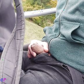 I play with my soft cock in a driving chairlift in the Bavarian Alps. Public fun outside.