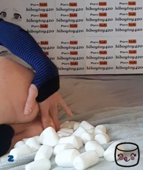 Anal Twink insert 24+ large Marshmallow up his ass till creamy huge anal prolapse.