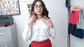 ”Short brunette burglar in glasses rides prick”