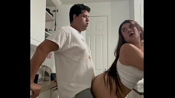 Naughty Colombian TikToker La Paisa Fucks neighbor in the kitchen while Family upstairs!! Cumshot on Natural Big Boobs