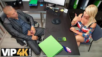 Blue eyed MILF fucks on the desk to secure a new loan