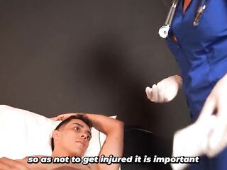 The patient with a massive knob - physical exam by the redheaded doctor with massive titties
