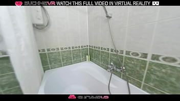 Naked horny girl Alexa Mills sucks dick and fucks in the bathroom in VR.