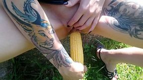 Lucy Ravenblood's juicy pussy grabs fucked with corn in public