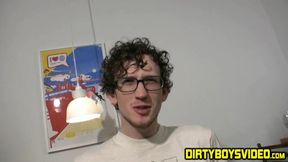 Skinny curly haired amateur jerking off his thick dick solo