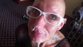 slutwife.club - submissive bald headed slave girl enjoys a b. sloppy deepthroat & facefuck session with a cumshot in her eyes