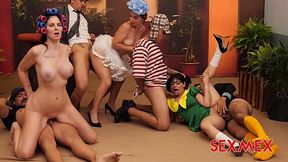 Curvy Latina Nicole Zurich Gets Surrounded in Wild Gangbang Blowjob Orgy