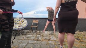 Delilah and LexyNoir - Double bull whipping in public on the roof - BTS