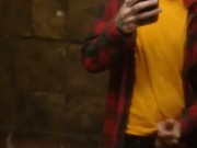 SKINNY GUY IN HAT AND FLANNEL CUMS IN BATHROOM MIRROR AT WORK