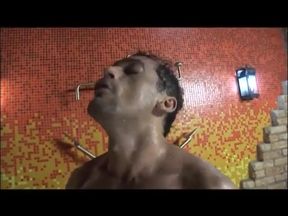 Lovely tranny sucks big cock by the pool