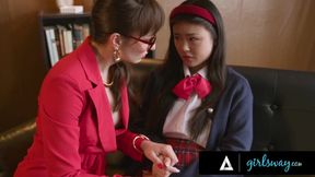 Slim Petite Asian Student Finds Comfort In Sensual Lesbian Love-making With Her Sexy Busty Teacher