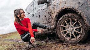 CAR STUCK Tanya stuck hard in muddy grass in high heel boots