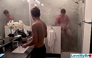 Twink walks into his big stepbrother taking a shower