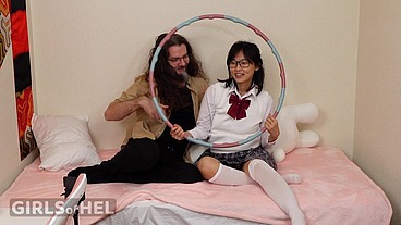 English teacher gives his student a lesson on shapes - cock toy in her round butthole