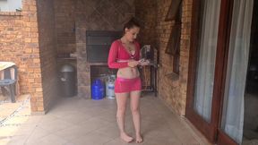 Outside in mini skirt pink outfit, displaying my pussy while smoking a cigarette, outdoor smoking.