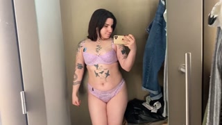 Tattooed hottie mesh clothes try on haul in a fitting room