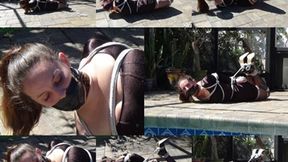 Cruelly hogtied in her LBD out in the garden (MP4 SD 3500kbps)