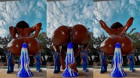riding my big blue dildo outside and squirting all along