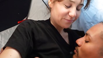 Brunette MILF with saggy tits seduced by ebony guy