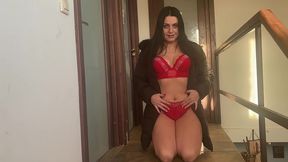downjacket stair tease – red lingerie, blowjob & cum on coat