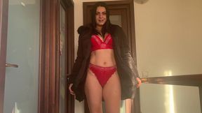 downjacket stair tease – red lingerie, blowjob & cum on coat